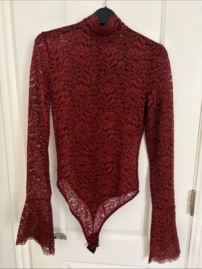 Women's Lace Turtleneck Bodysuit - Rust burgundy color